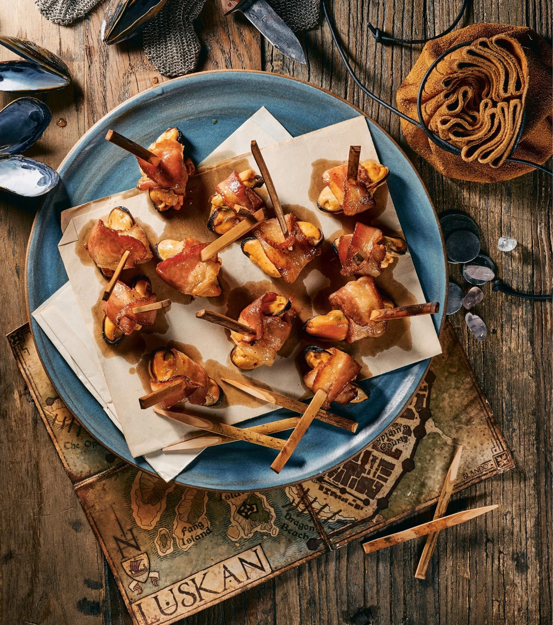 Bacon-Wrapped Smoked Mussels